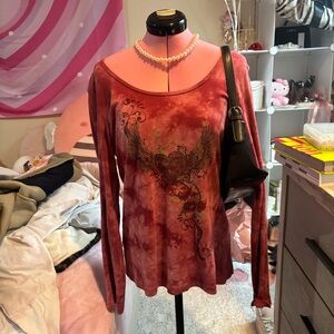 Women’s Red Tie-Dye Long Sleeve Top with Winged Heart Print